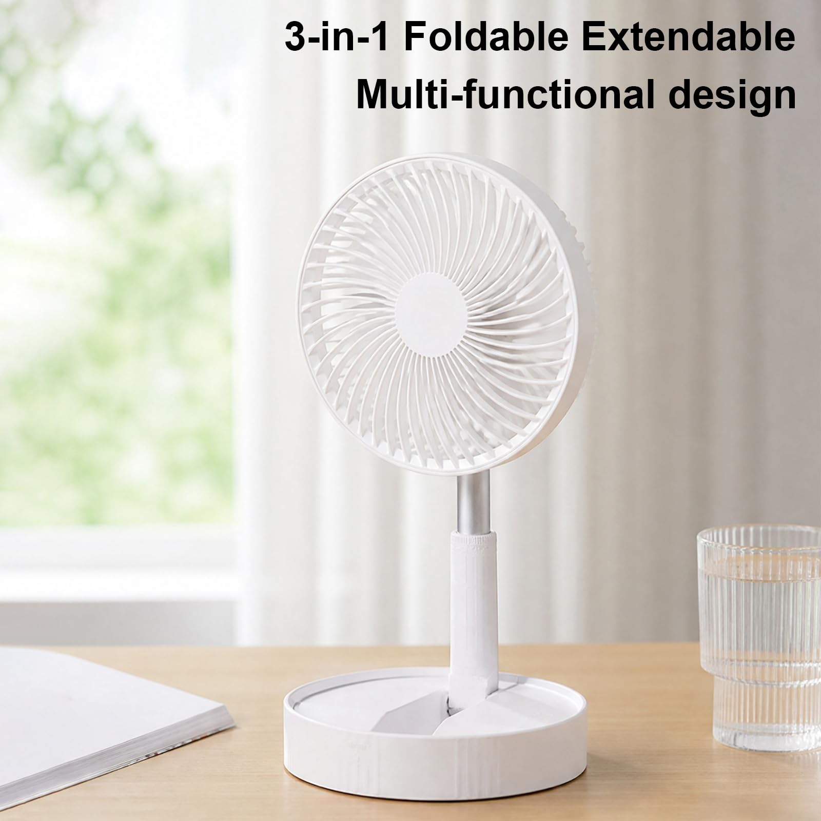 Ventilatore portatile 3 in 1, ricaricabile 7200 mAh, da terra/piedistallo/pieghevole, silenzioso, regolabile, batteria lunga durata, da viaggio e ufficio (Bianco)
