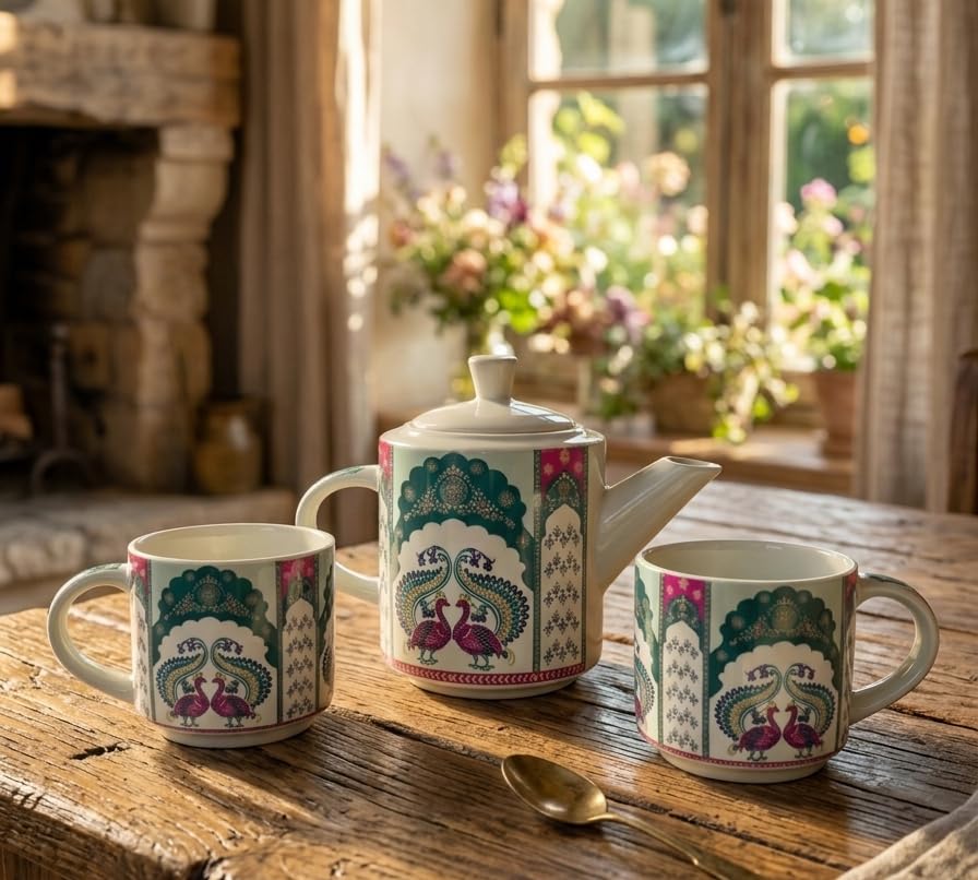 Image of Ceramic Handcrafted Tea /Coffee Set - 1 Teapot (500 ML), 2 Cups (200 ML) | Microwave & Dishwasher Safe | Best for Gifting (Magenta)