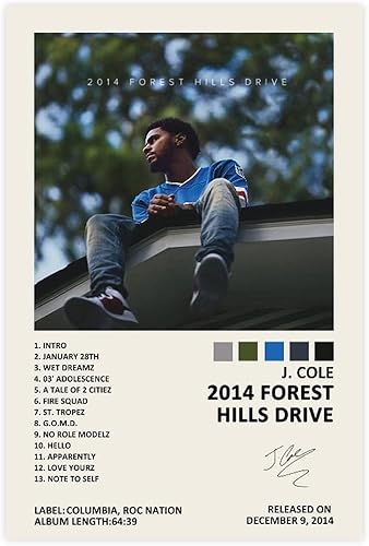 YGULC J Cole 2014 Forest Hills Drive - Póster de álbum de música firmado limitado, póster de lienzo para decoración de pared, pinturas para sala de