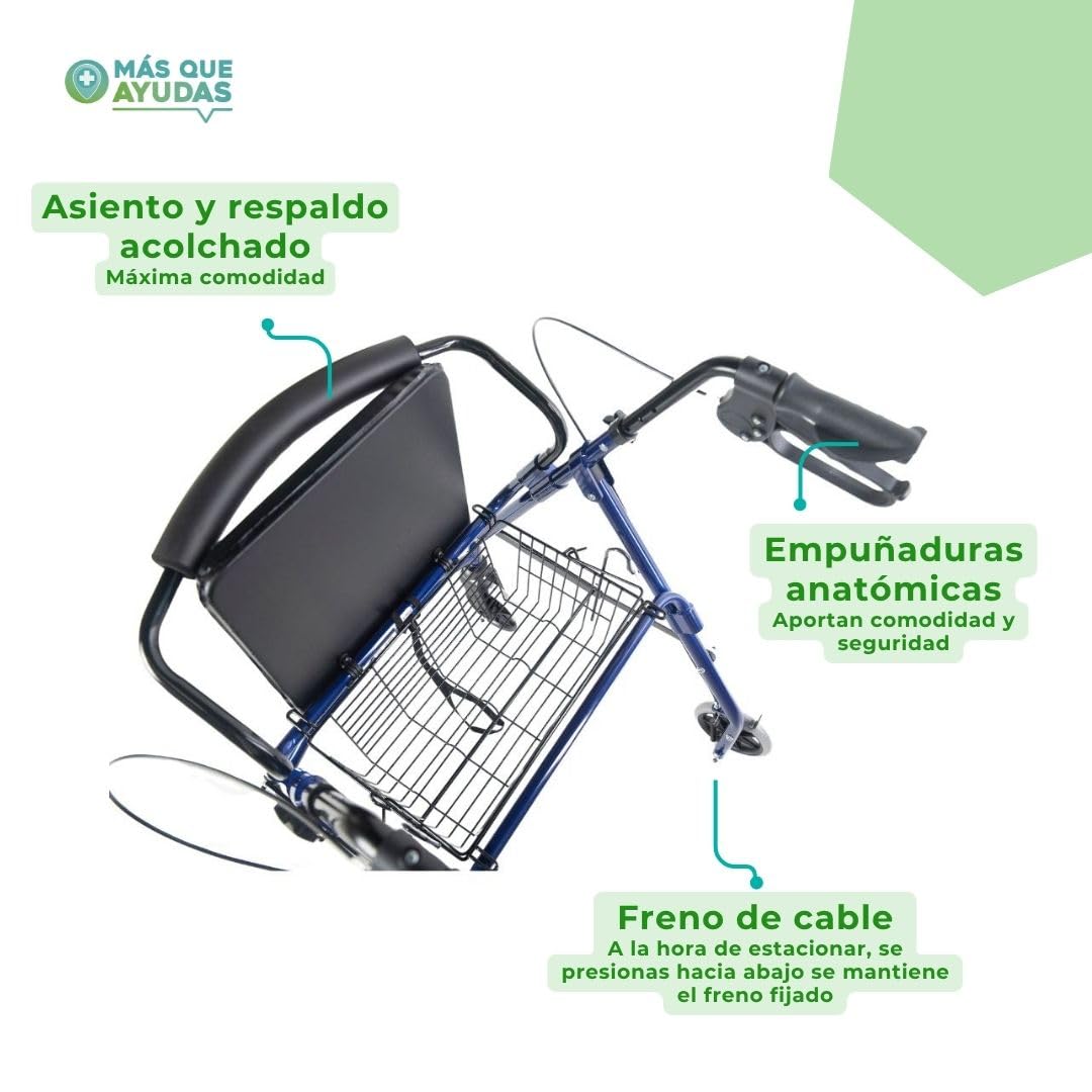 Queraltó Andador Rollator para Ancianos Plegable, Regulable en Altura de 78 a 93 cm, con Asiento y Respaldo, Azul