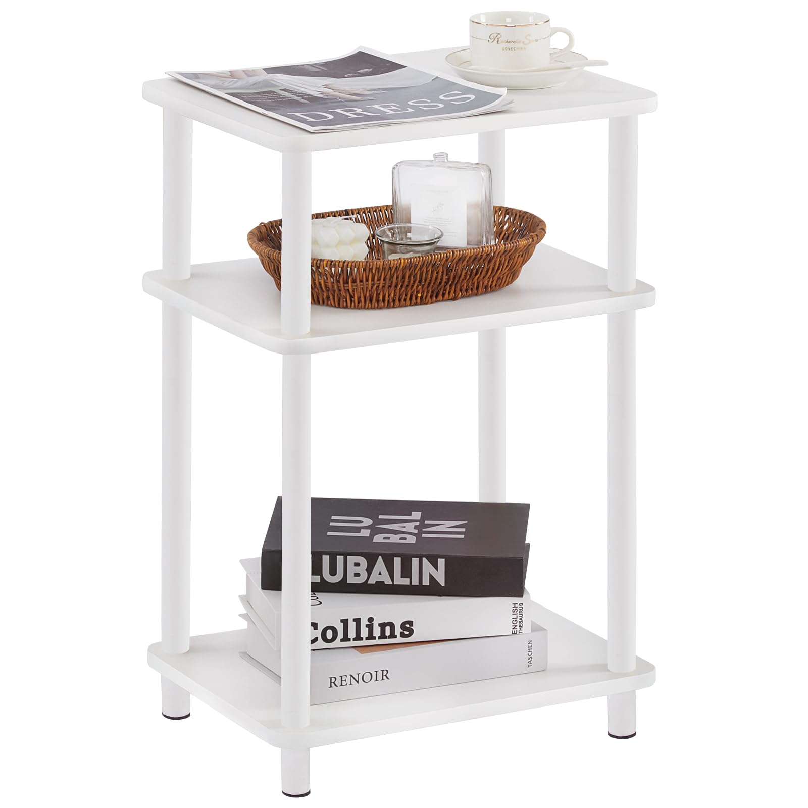Apicizon 3 Tier End Table, Boho Side Table with Storage Shelf, Nightstand Bedside Table for Small Spaces, Bedroom, Living Room, Entryway, Farmhouse, Easy Assembly, White