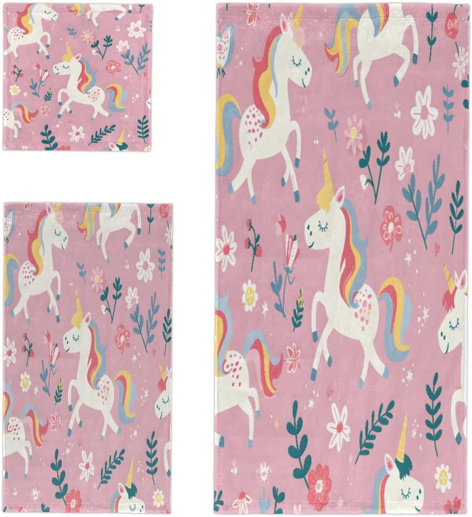 Cute Pastel Unicorn Rainbow 3 Piece Bath Towels Set Absorbent Quick Drying Towel Set for Kitchen Beach Yoga Gym, 1 Oversized Bath Towel, 1 Hand Towel, 1 Wash Cloth