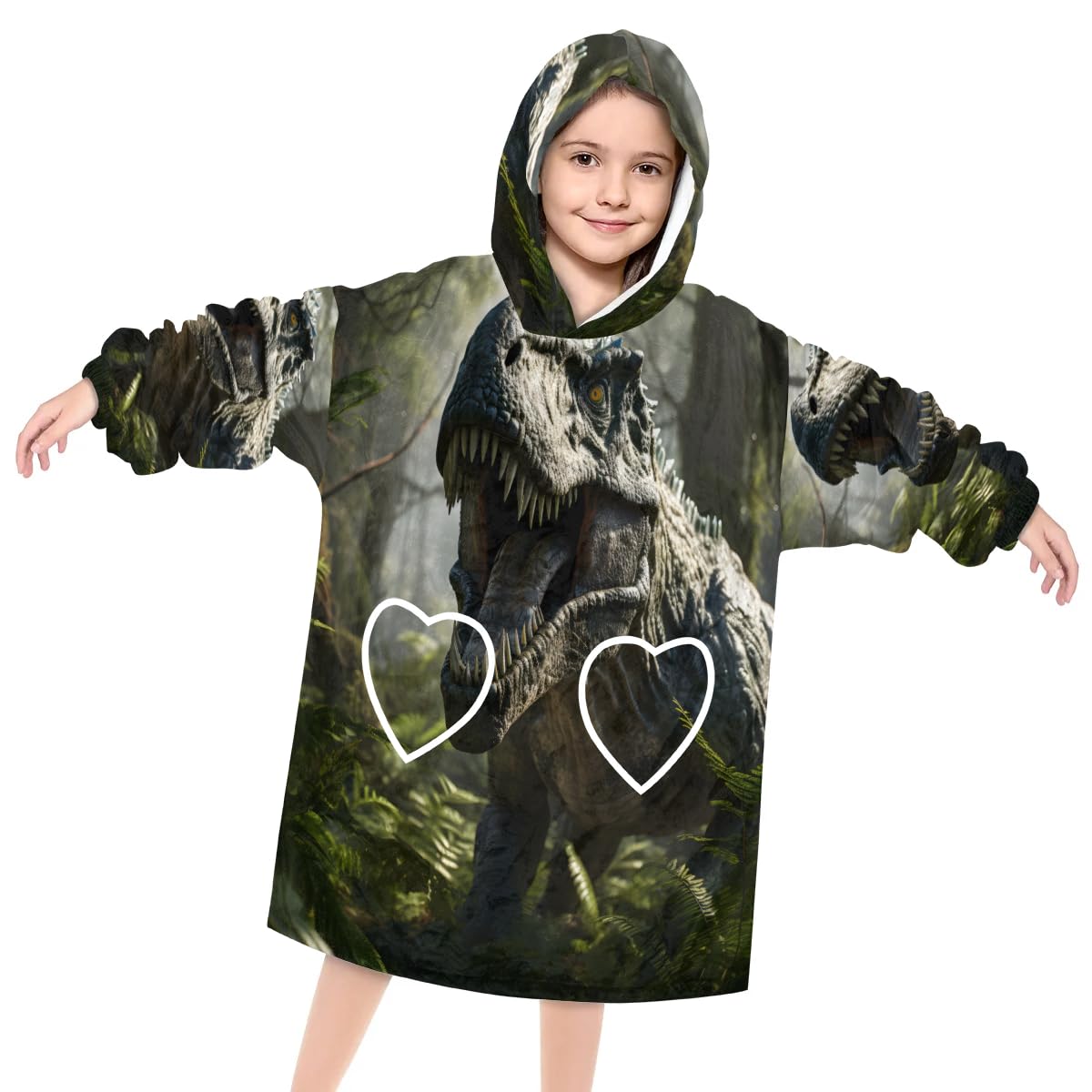 Pardick Wearable Blanket Hoodie for Kids, Ferocious Dinosaurs Fleece Sweatshirt Blanket Oversized Blanket Sweatshirt with Pocket Flannel Warm Hooded Blanket 6-10 Year Old Girl Boy Gift, One Size