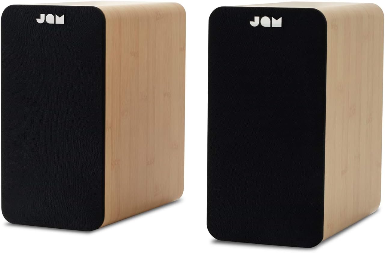JAM Bluetooth Bookshelf Speakers - Compact, Mains Powered Dual Speaker System, Aux-in Function, wireless Turntable speakers, 4" Driver, High Definition Amplifiers, Richer Bass, Finer Acoustics - Wood