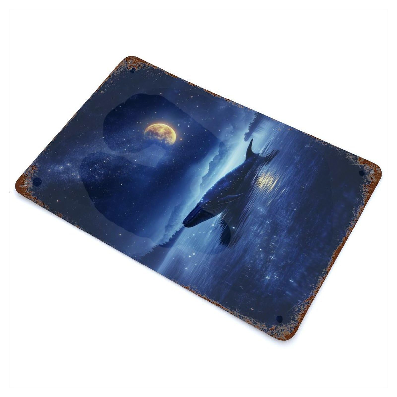 Decorative Tin Sign with Lonely Whale In Moonlight Design 11.8"x7.9", for Garage, Bar And Workshop Decor, Decorative Metal Wall Art