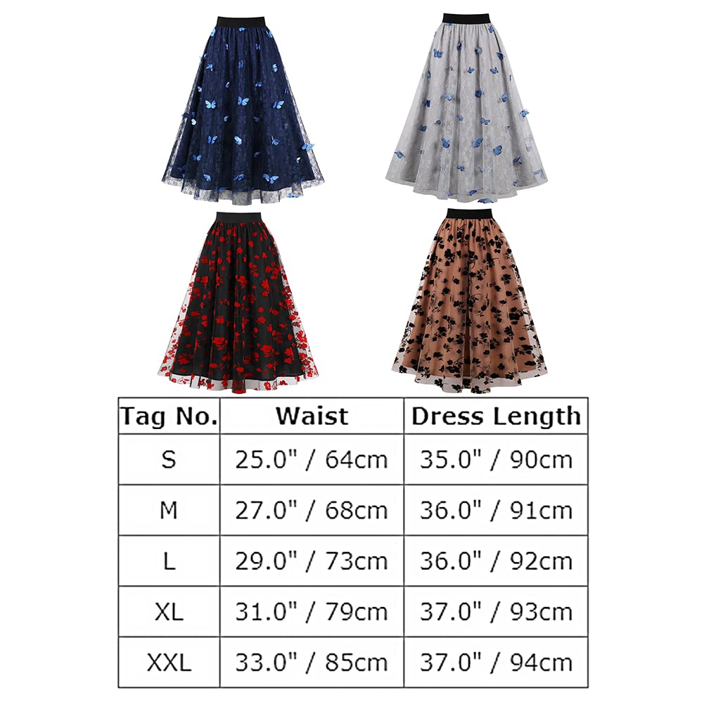 Odizli Rockabilly, gonna in tulle da donna, stile vintage, elasticizzata, a vita alta, con stampa a cuore, linea A