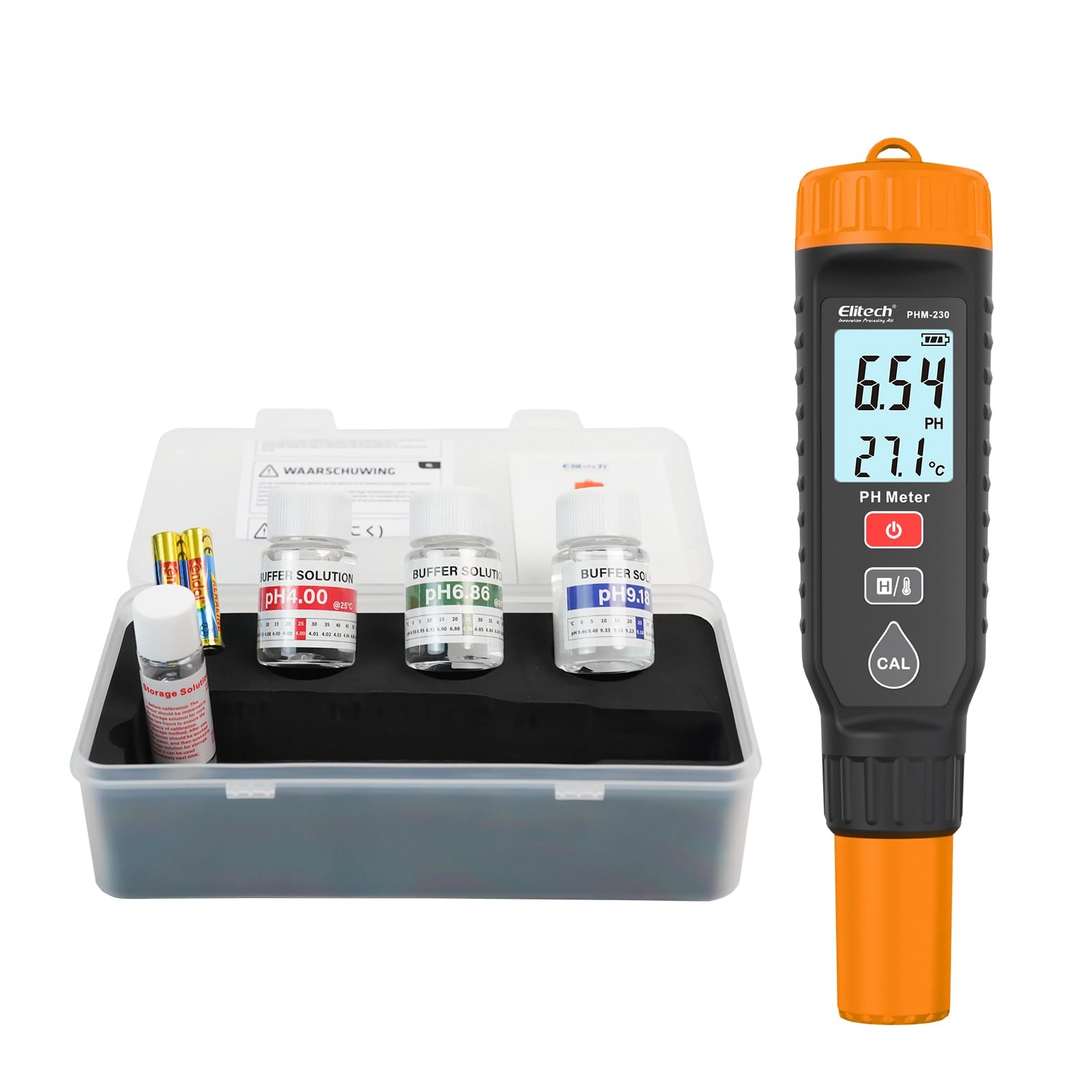 Medidor de pH Elitech con Indicador de Temperatura 0-14 pH ±0.05 de Precisión, Tester pH Calibración Automática, Retroiluminación con Alarmas de Color PHM-230