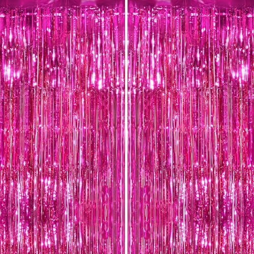 Image of 2Pack Hot Pink Metallic Tinsel Foil Fringe Curtains Backdrop for Pink Party Birthday Wedding Bachelorette Baby Shower Holiday Party Decorations Photo Booth Props, Bachelorette Christmas Party Decors