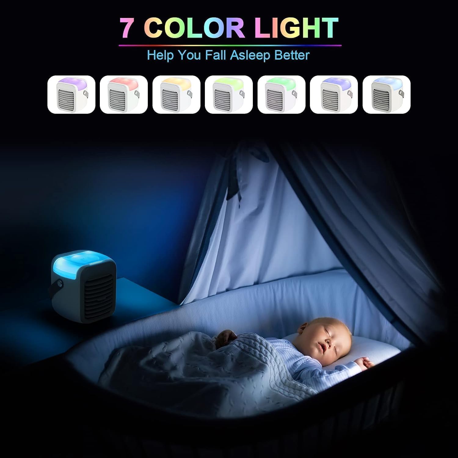 Aire acondicionado portátil, 4 en 1, mini enfriador de aire, enfriador de aire USB silencioso con depósito de agua, asa portátil, 7 luces LED, 3 velocidades