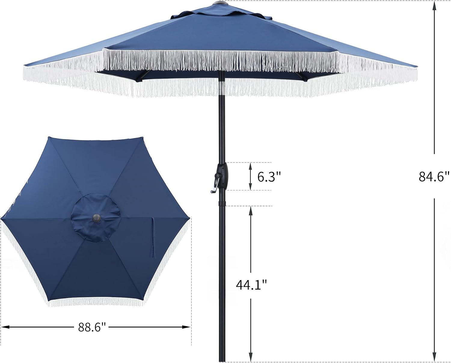 HYD-Parts 7.5Ft Patio Umbrella with Fringe Outdoor Tassel Umbrella w/Easy Crank for Yard, Poolside, Deck, Beach