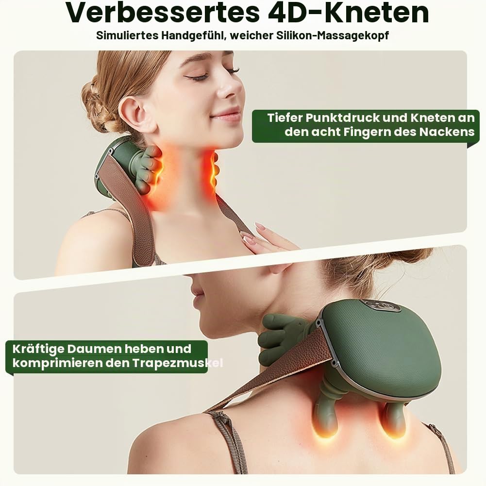 4D Bionische Hand Nackenmassagegerät, Massagegerät Nacken mit 3 Stufen und 2 Temperaturstufen Wärme für Rücken und Nacken, Tragbares Nacke-n und Schulter Shiatsu Massagegerät für Zuhause, Büro & Reise