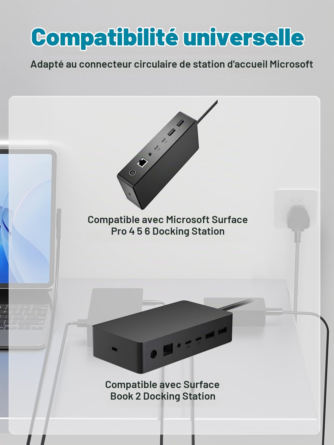 Câble Alimentation 90W Compatible avec Microsoft Surface Station d'accueil