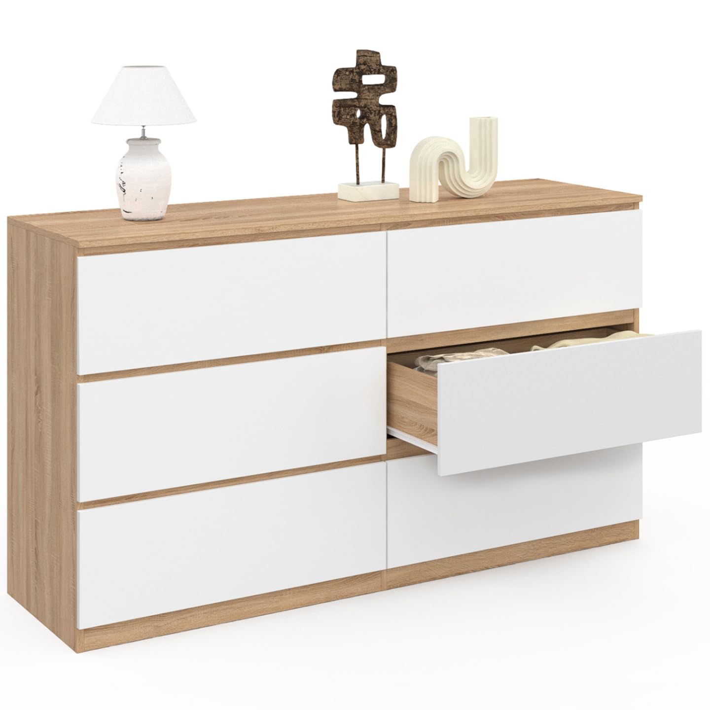 IDMarket - Commode 6 tiroirs TOMI XXL 140 cm Bois façon hêtre et Blanc