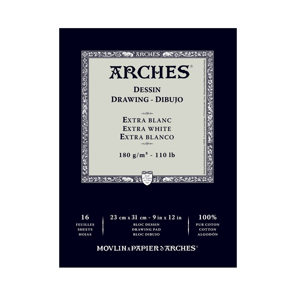 Bloc dessin Arches de 16 pages au fini extra blanc haut de gamme pour l'art graphique