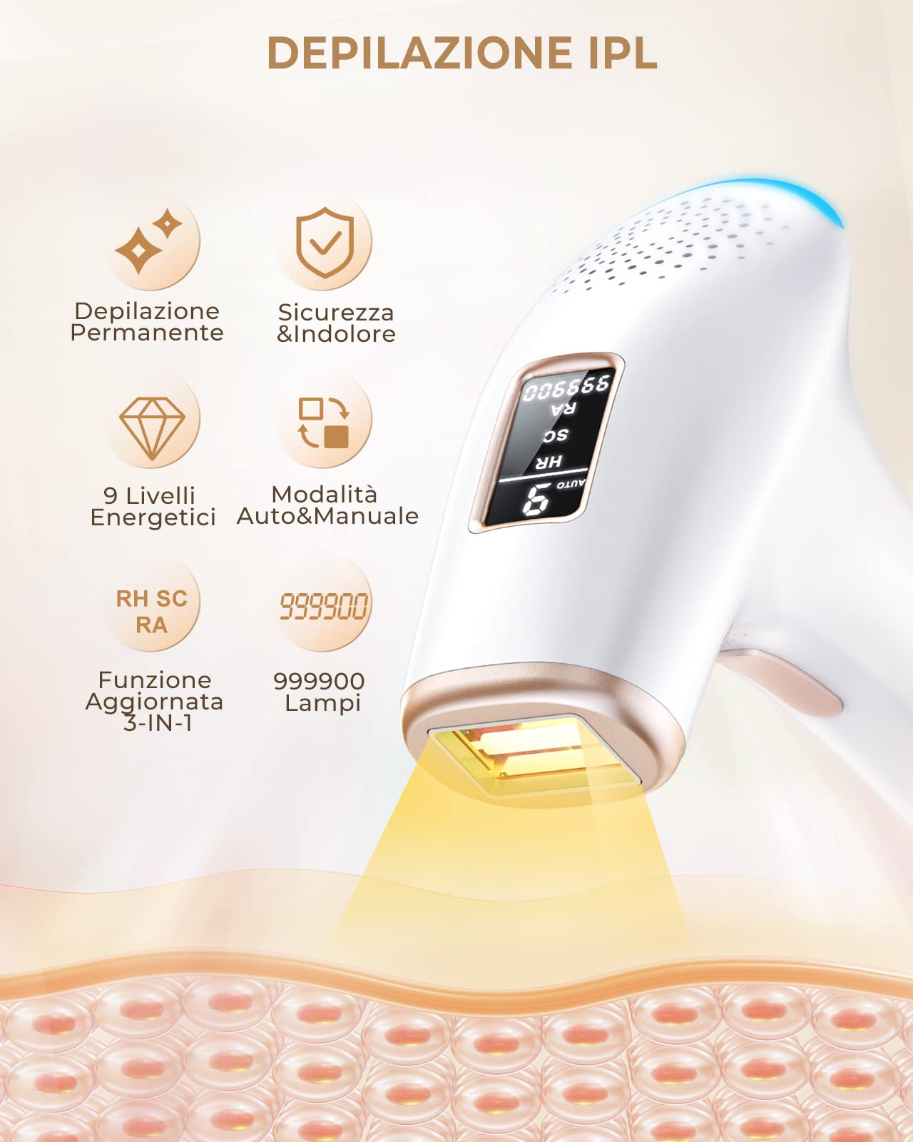 Haarlosy Epilatore Luce Pulsata IPL 999.900 Flash, 3 IN 1 HR/SC/RA GLY01 | Finestra 5 cm², 9 Livelli Regolabili e Uso Domestico per Viso, Ascelle, Gambe e Corpo, Donna e Uomo.
