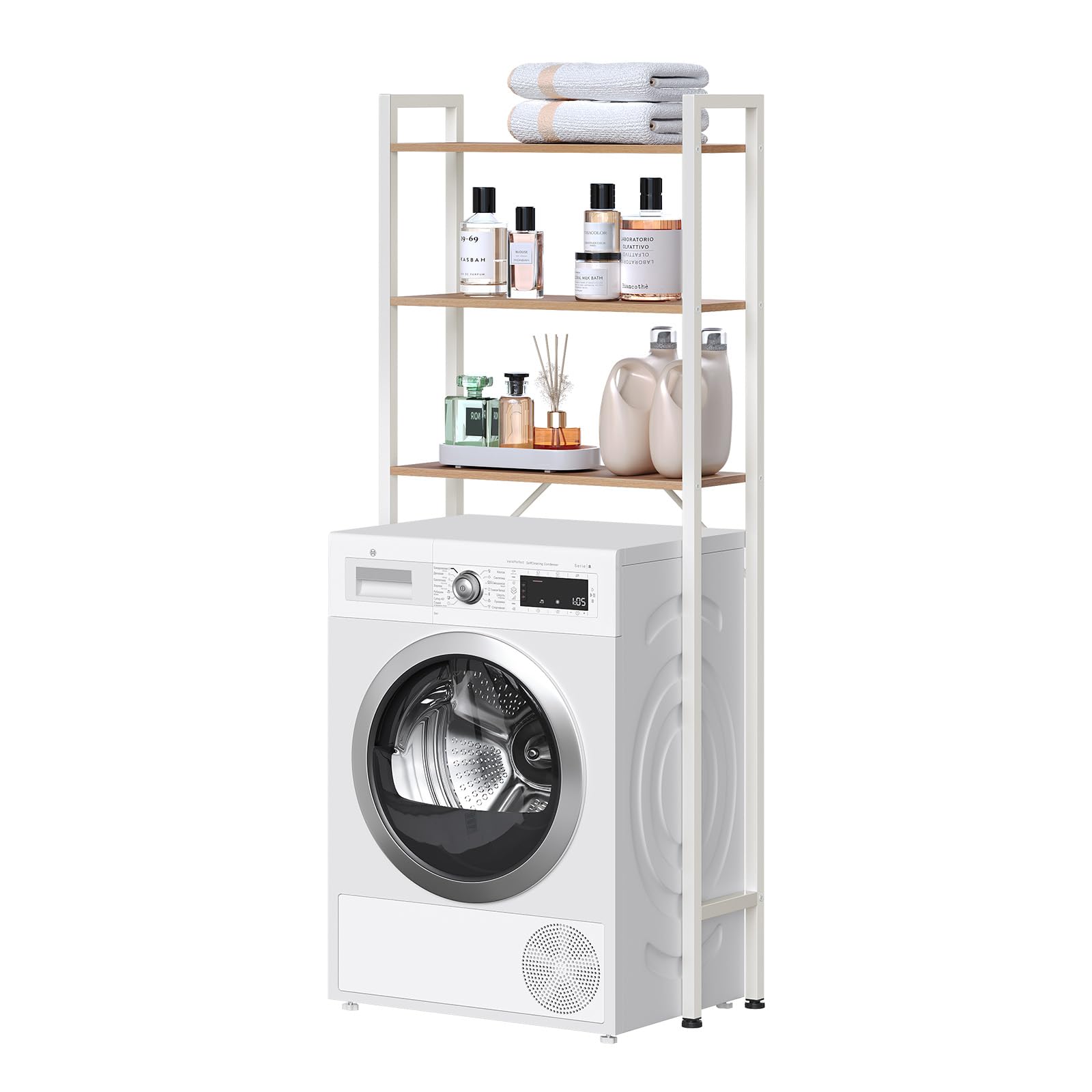 EUGAD Meuble WC, Meuble Dessus Machine à Laver, à 3 Niveaux, Gain d'Espace, Chêne Clair + Blanc, 67x20x164cm