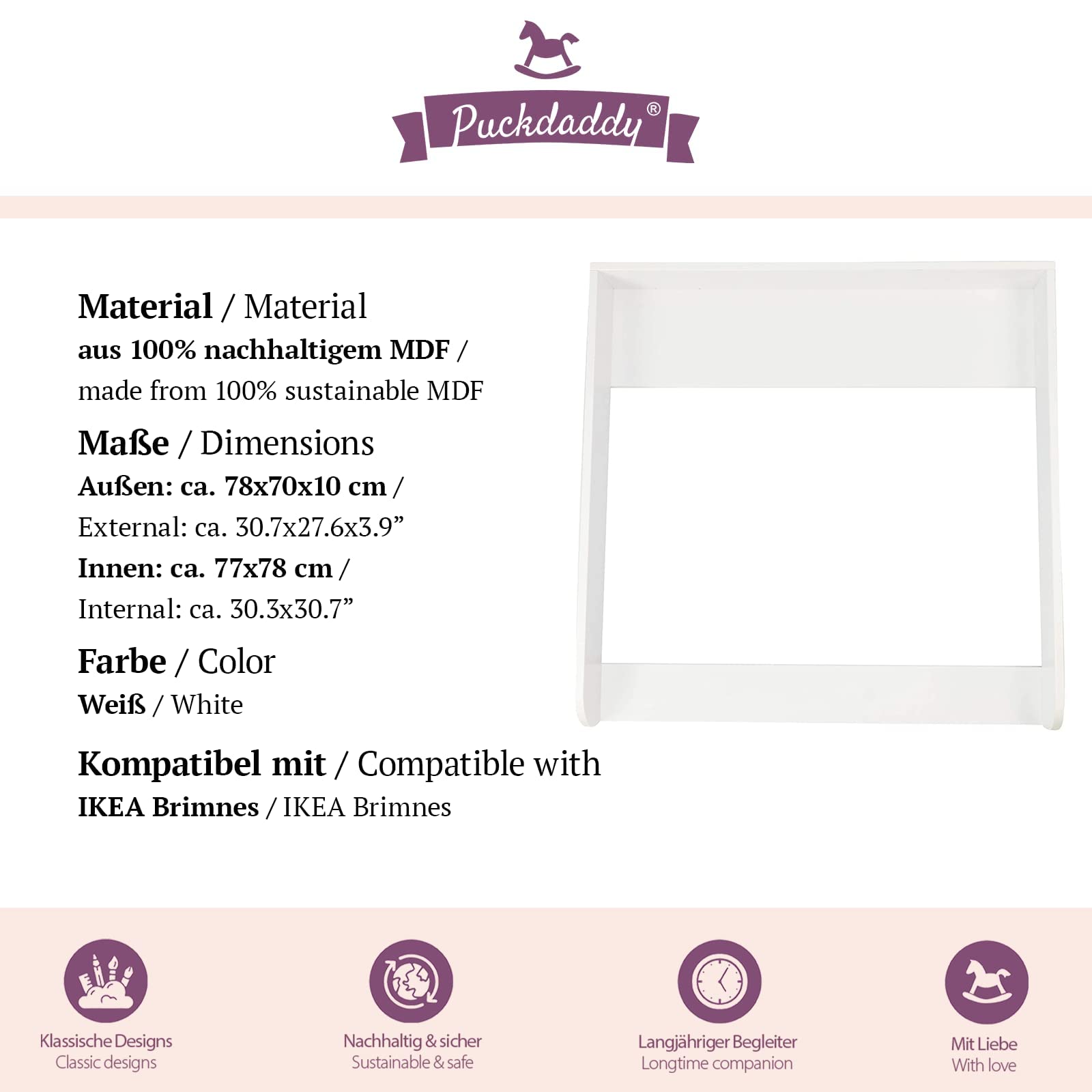 Puckdaddy Fridolin | Wickelaufsatz kompatibel mit IKEA Brimnes Kommoden (Tiefe: 46cm) u.Ä. | 78x70x10 cm | Wickelauflage aus MDF-Holz | Premium Wickelaufsatz inkl. Montagematerial zur Wandmontage