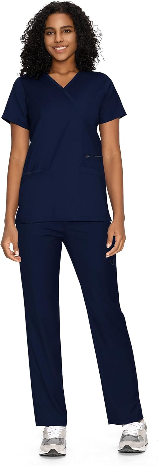 COZYFIT Scrubs for Women - Mock Wrap Top & Straight Leg Pants with 6 Pockets, Back Princess Seams, Soft Fabric