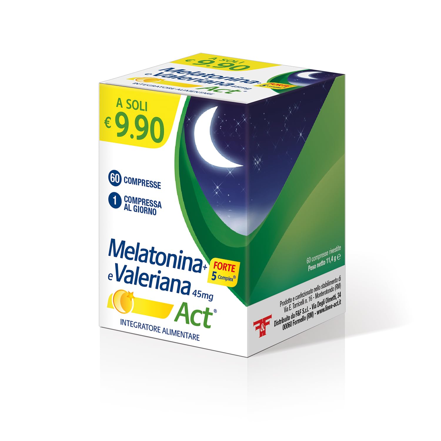Melatonina Act + Forte 5 Complex, Integratore Alimentare Potenziato dal + 5 Complex a Base di Melatonina e e Valeriana 45mg, 1 Confezione da 60 Compresse