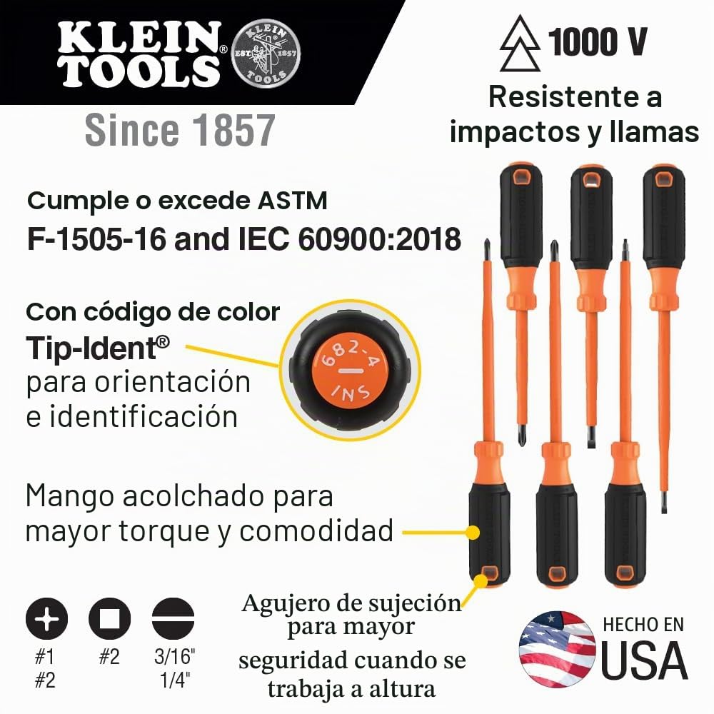 Klein Tools 85076INS | Juego De Destornilladores Aislados VDE | 6 Piezas | Aislamiento 1000 V IEC 60900 | Fabricado En EE UU