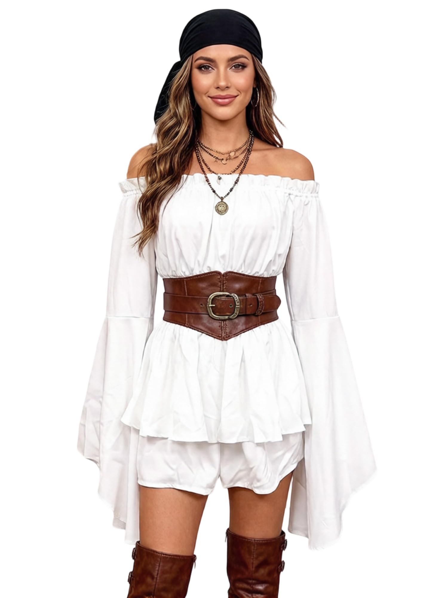Lshyuehao Women Medival Off Shoulder Corset Dress Pirate Bustier Dress for Halloween (EB-Ivory, M) โ image 1
