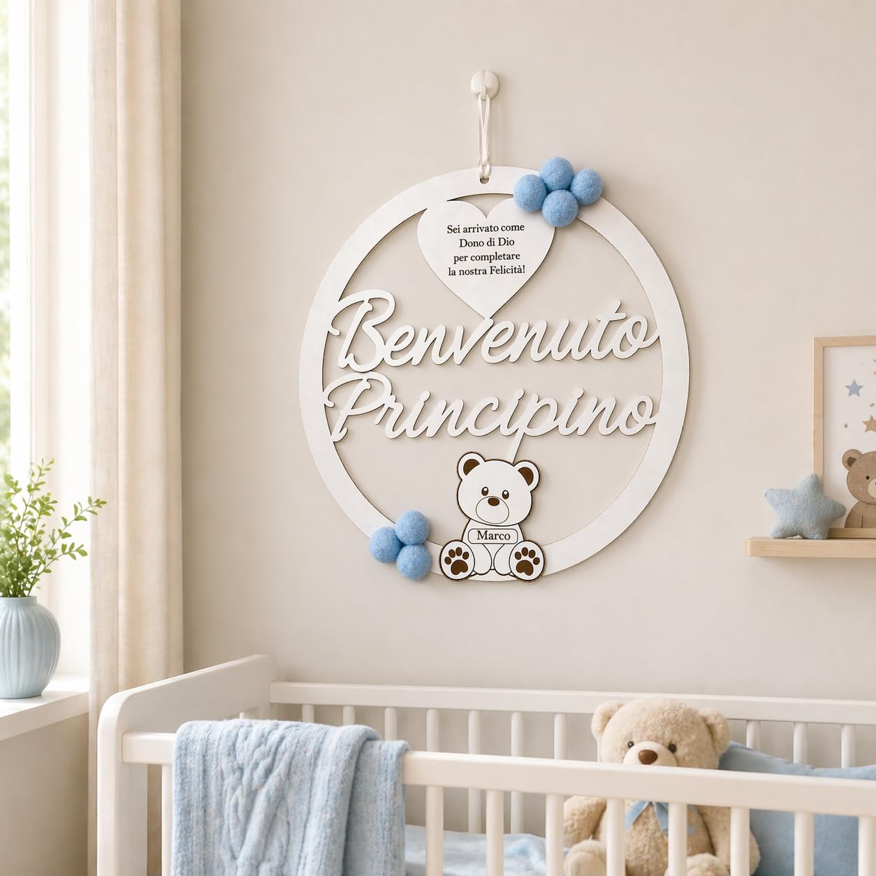 Fiocco Nascita Bimbo Bimba Personalizzato con Nome in Legno - Coccarda Nascita Moderno Fuoriporta Cameretta, Decorazione Nascita Artigianale Made in Italy con Orsetto (Rosa/Azzurro) — Lo Realizzo®