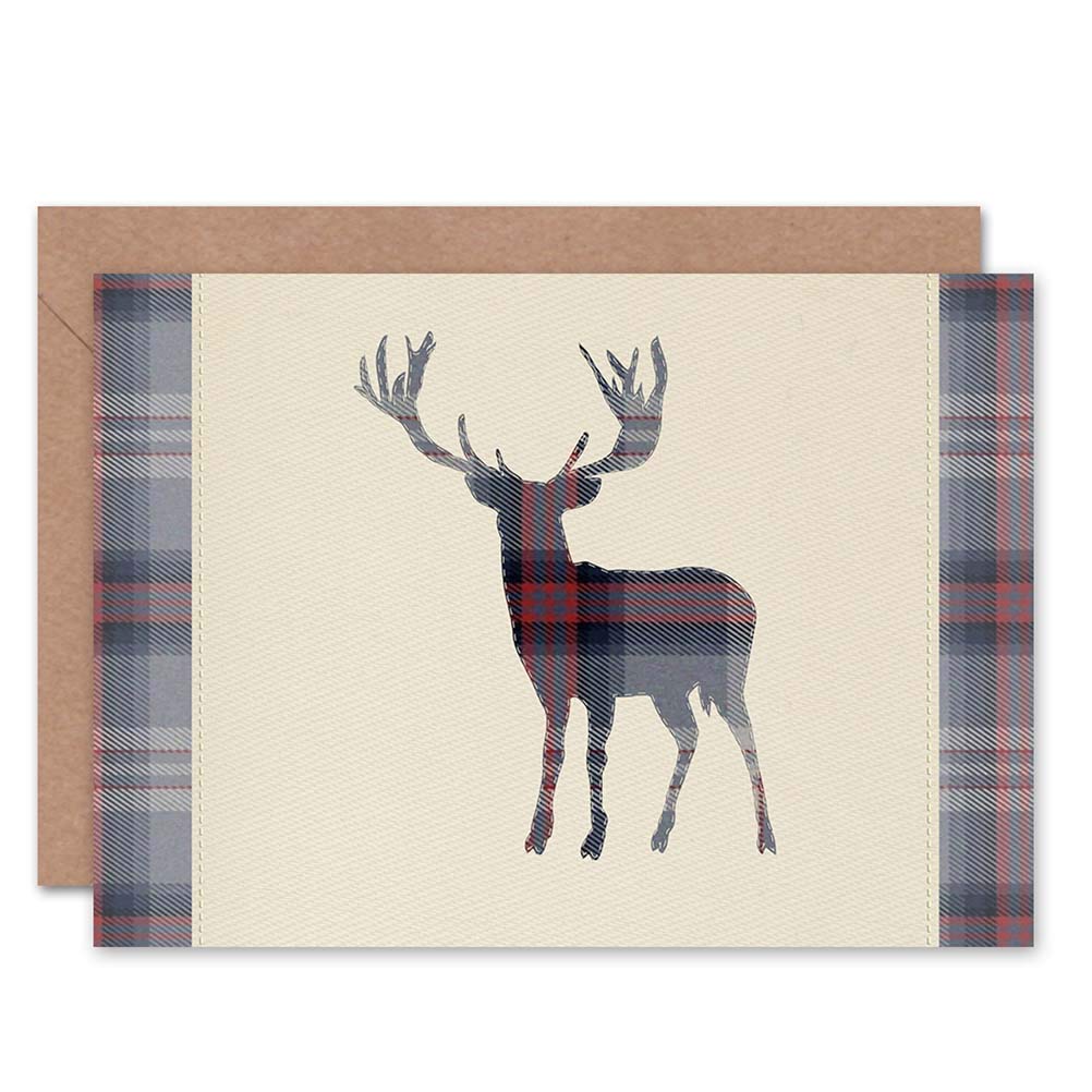 Wee Blue Coo SCOTTISH HIGHLAND STAG DEER ANTLERS TARTAN SCOTLAND BLANK GREETINGS CARD