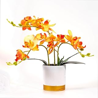 Phalaenopsis Orchid Artificial Flower with 3 Stands in a Vase for Interior Decoration, Potted Plants, Art Flowers, Housewarming, Opening Celebration, Gift, Present Flower Gift, Orange