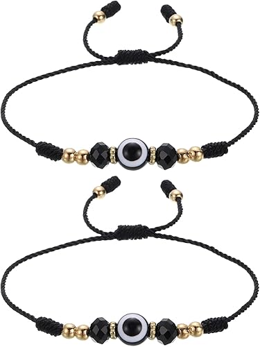 MECCANIXITY Pulseras negras contra el mal de ojo para mujeres, hombres y familia, 2 piezas, cuerda ajustable, protección de buena suerte, hecha a