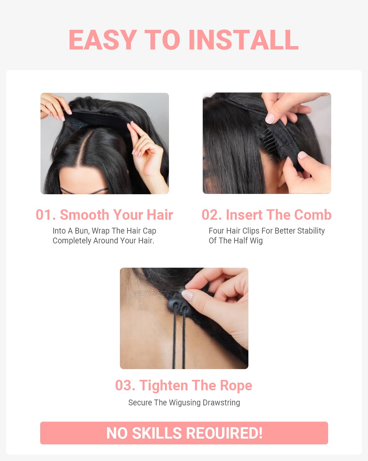 Kinky Straight Half Wig 3 In 1 Synthetic Half Wigs With Adjustable Drawstring Soft As Human Hair Glueless Seamless Flip Headband Wig For Black Women (Black, 24 Inch)