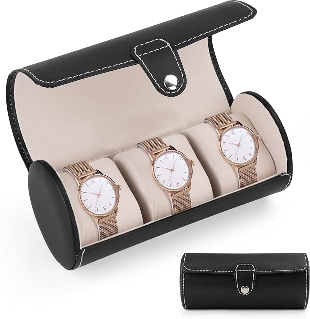KingSaid 3 Slot Watch Box PU Leather Watch Roll Travel Watch Case Portable Watch Holder for Watches Display Storage (Black)