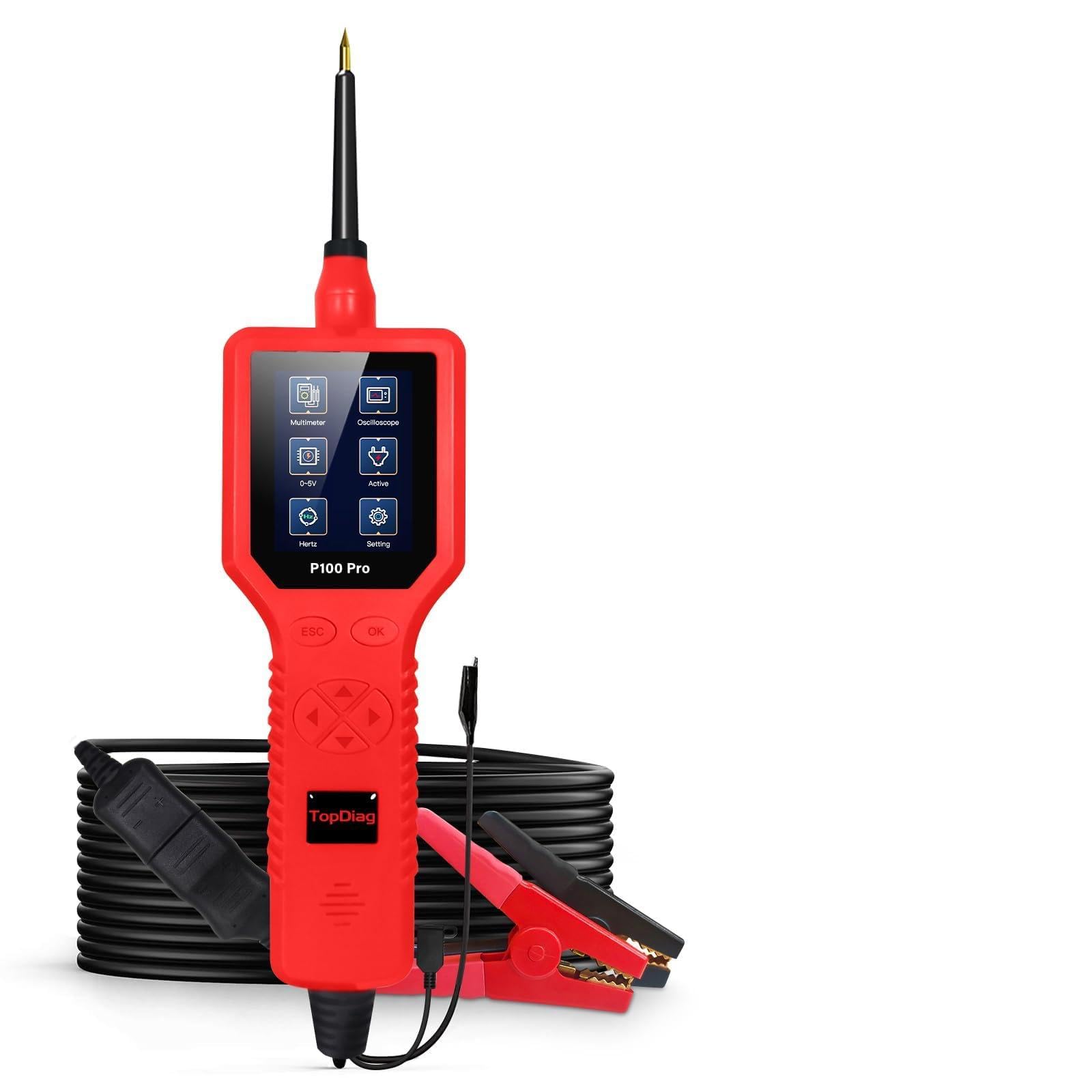 Acouto P100 Pro -30V Tester Obwodu Samochodowego Tester Diagnostyczny Obwodu Samochodowego 12V 24 V Zestaw Sondy Multimetrowego Aktywacja Części Cyfrowych/0-5V Zasilacz/Wiele Języków a (czerwony)