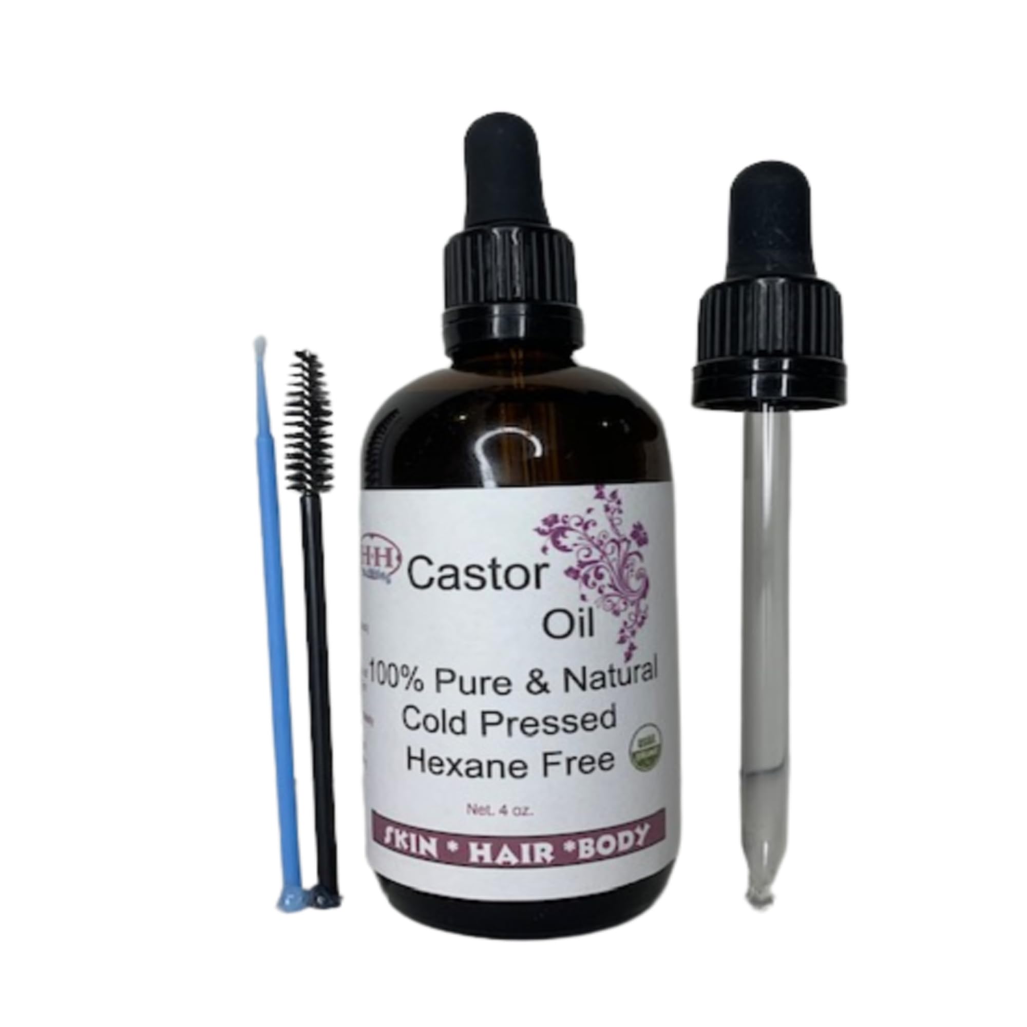 Castor Oil Starter Pack Cold Pressed-Hexane Free Organic Holistic Hair and Skin 4 oz Glass Amber Bottle
