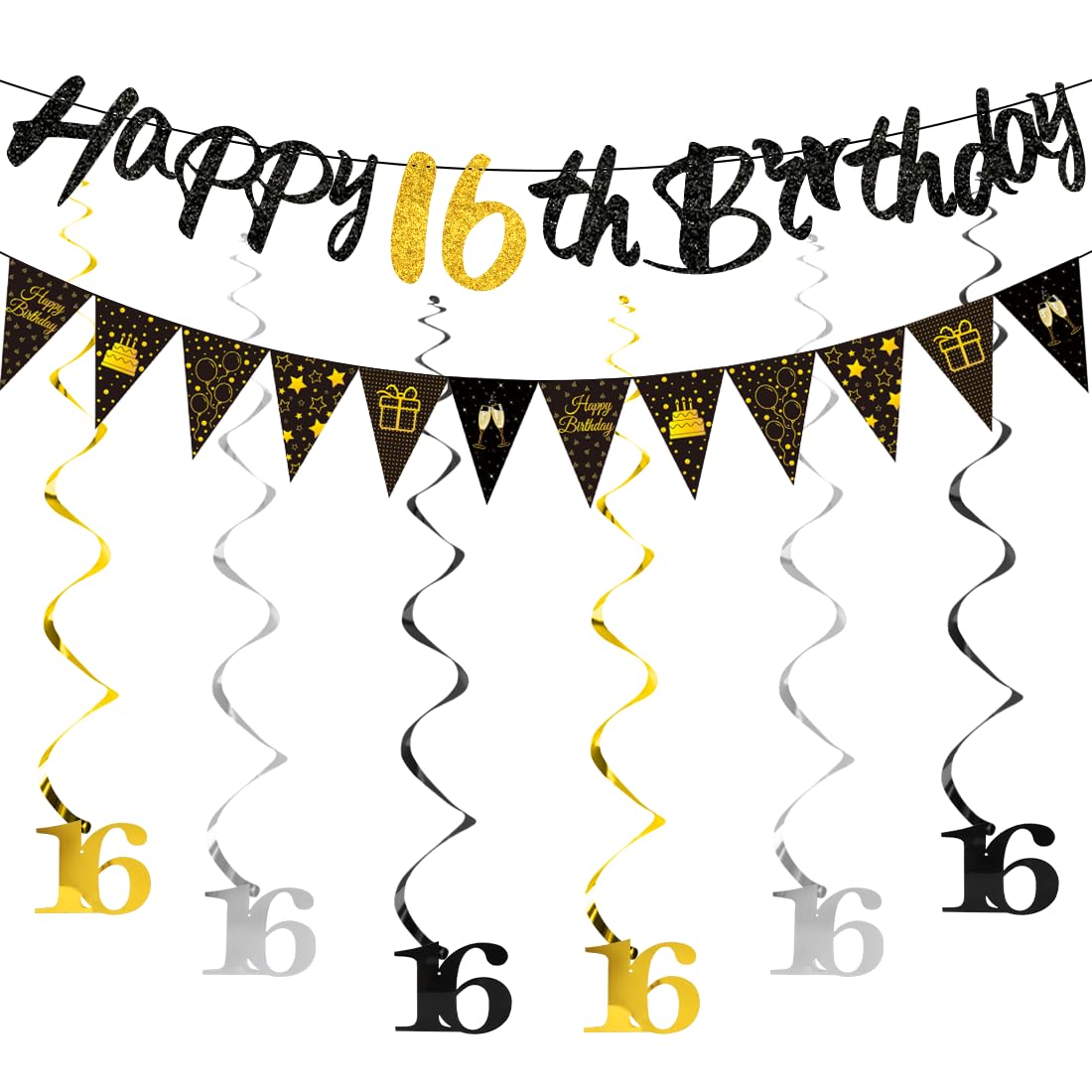 HUKUMA 16. Geburtstag Junge,Geburtstagsdeko 16 jahre Mädchen,Sweet 16 Deko Luftschlangen Schwarz,Geburtstag Girlande Spiralen, Happy Birthday Banner Deko zum 16 Geburtstag Junge Mädchen