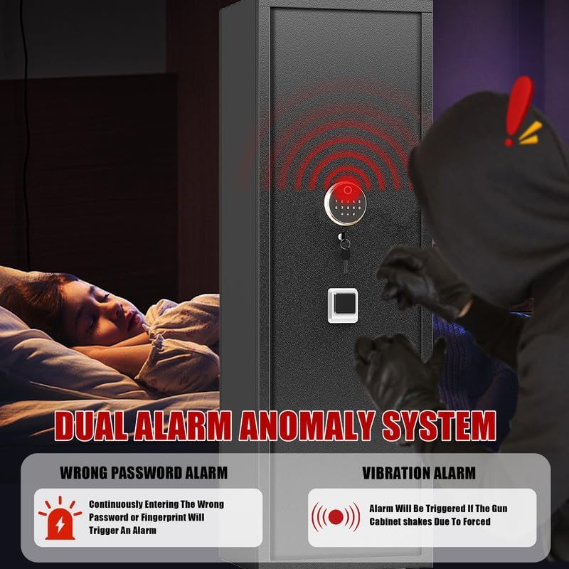 Image depicting the dual alarm system: a 'Wrong Password Alarm' for incorrect inputs and a 'Vibration Alarm' for physical tampering, with a sleeping child and a masked intruder.