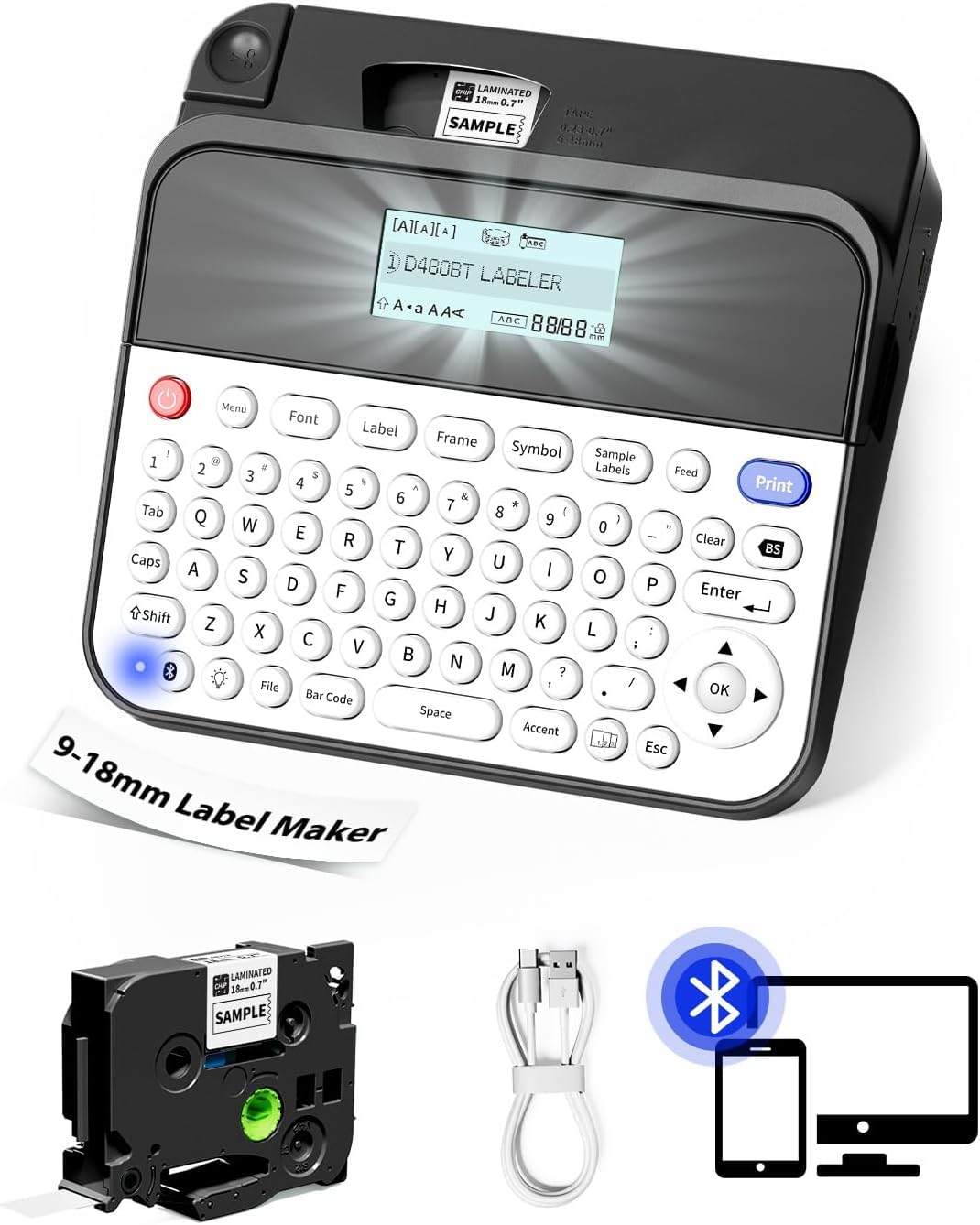 3/4 Inch Label Maker, 18mm Label Maker Machine with-Tape Waterproof, D480BT Bluetooth Rechargeable Labeler Support Keyboard & App Large Print, Print 9mm 12mm 18mm Label, Home Office Business Use