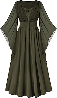 Renaissance Dress Women Bell Sleeve Fairy Dresses Split Maxi Dress with Pockets