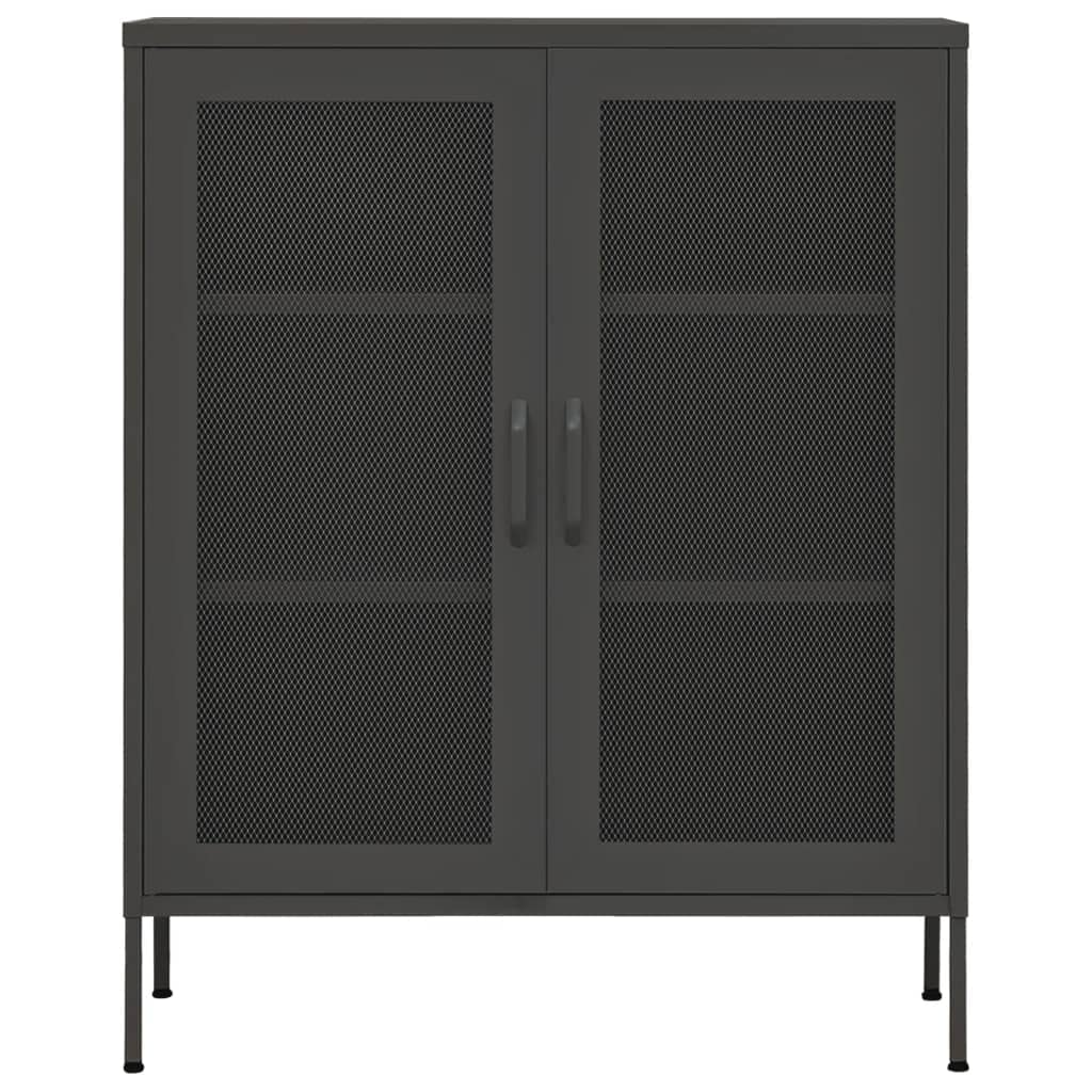 Stalowa szafka magazynowa, antracytowa, 80 x 35 x 101,5 cm, z 2 drzwiami z kratkami i półkami, nóżki z regulacją wysokości, wytrzymały kredens na książki i czasopisma