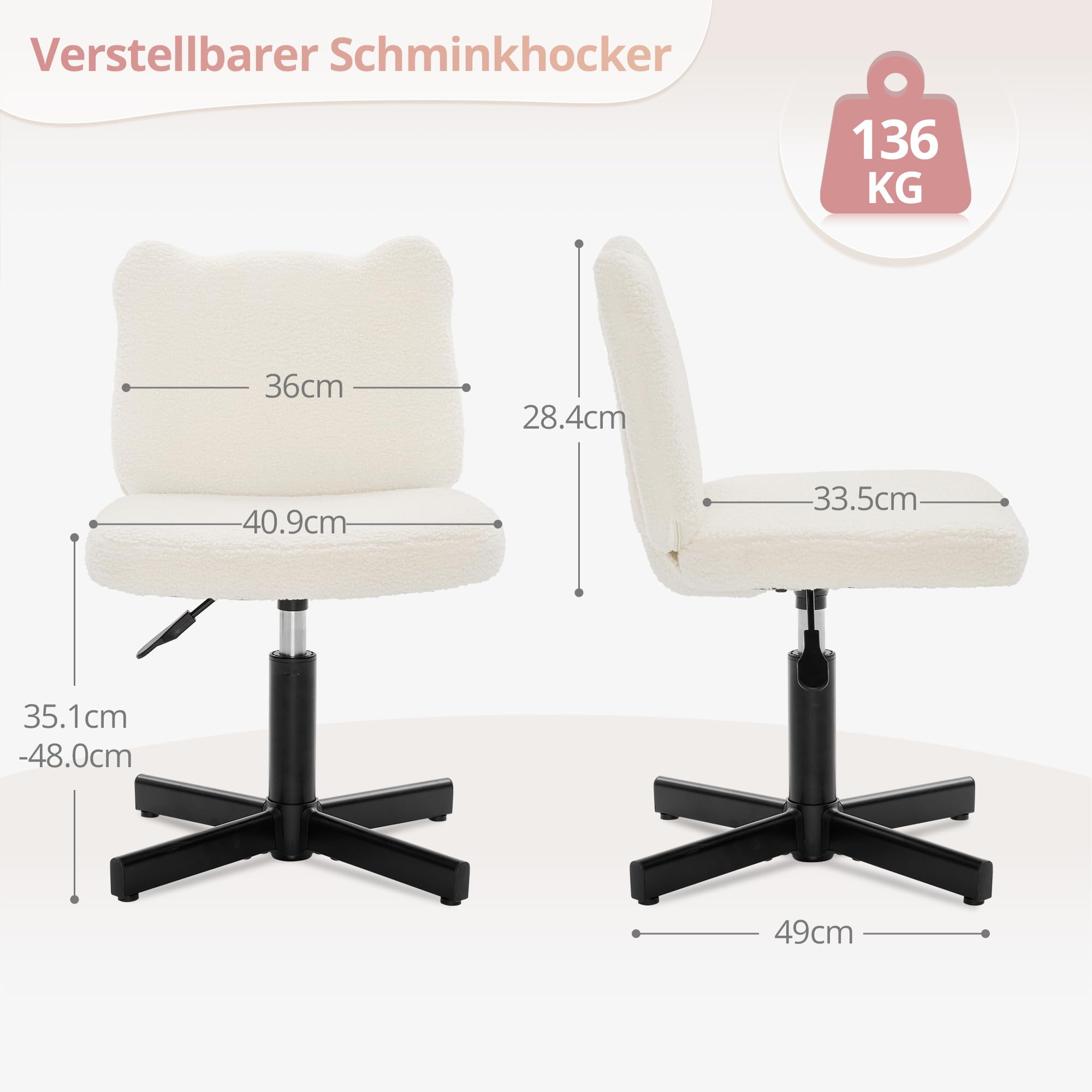 LUE BONA Schminktisch Stuhl mit Bärenohren Rückenlehne – 360° Teddy-Samt Drehsessel, Schminktisch Hocker für Schlafzimmer & Ankleidezimmer, Belastbar bis 136kg, Beige
