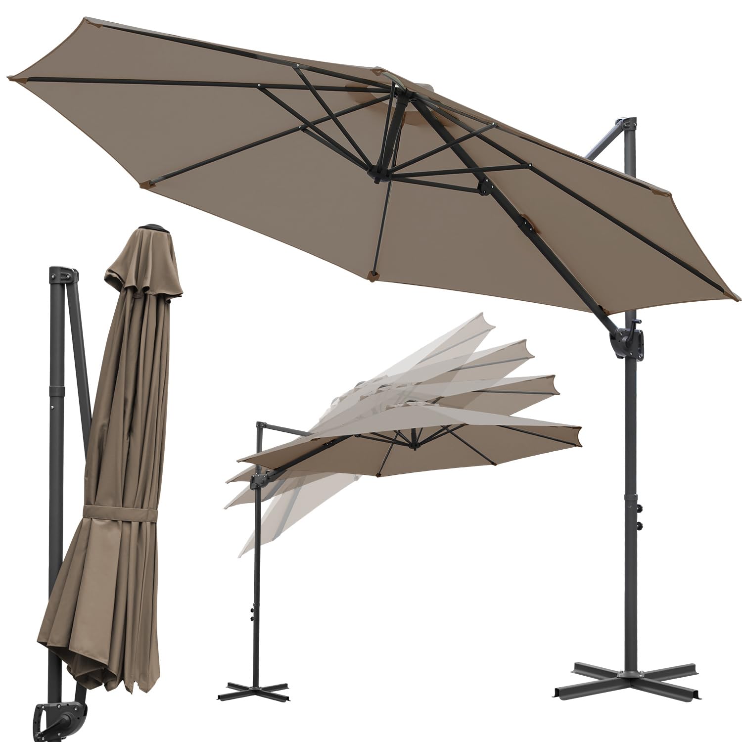 Sonnenschirm 300 cm Ampelschirm 3m, 360° drehbar, Gartenschirm mit Kurbel, 0-60° neigbar, UV50+, 8 Rippen, 48mm Mast, mit Kreuzfuß, optional mit Solar LED, Terrasse Garten