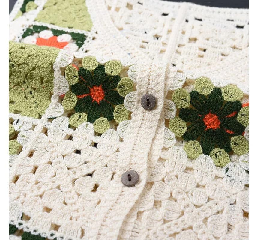 ICW Women Hollow Out Sleeveless V-Neck Floral Knitted Crochet Waistcoat Top Vest Cardigan Dn89 (IN, Alpha, S, Regular, Brown) - Image 5 thumbnail