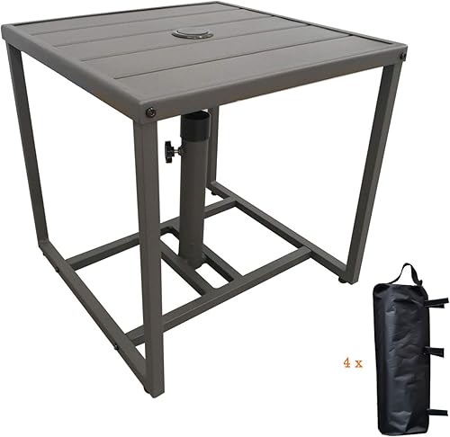 Soporte de mesa para sombrilla de patio con agujero para paraguas, con 4 bolsas de arena, bases de sombrilla para exteriores, mesa cuadrada pequeña