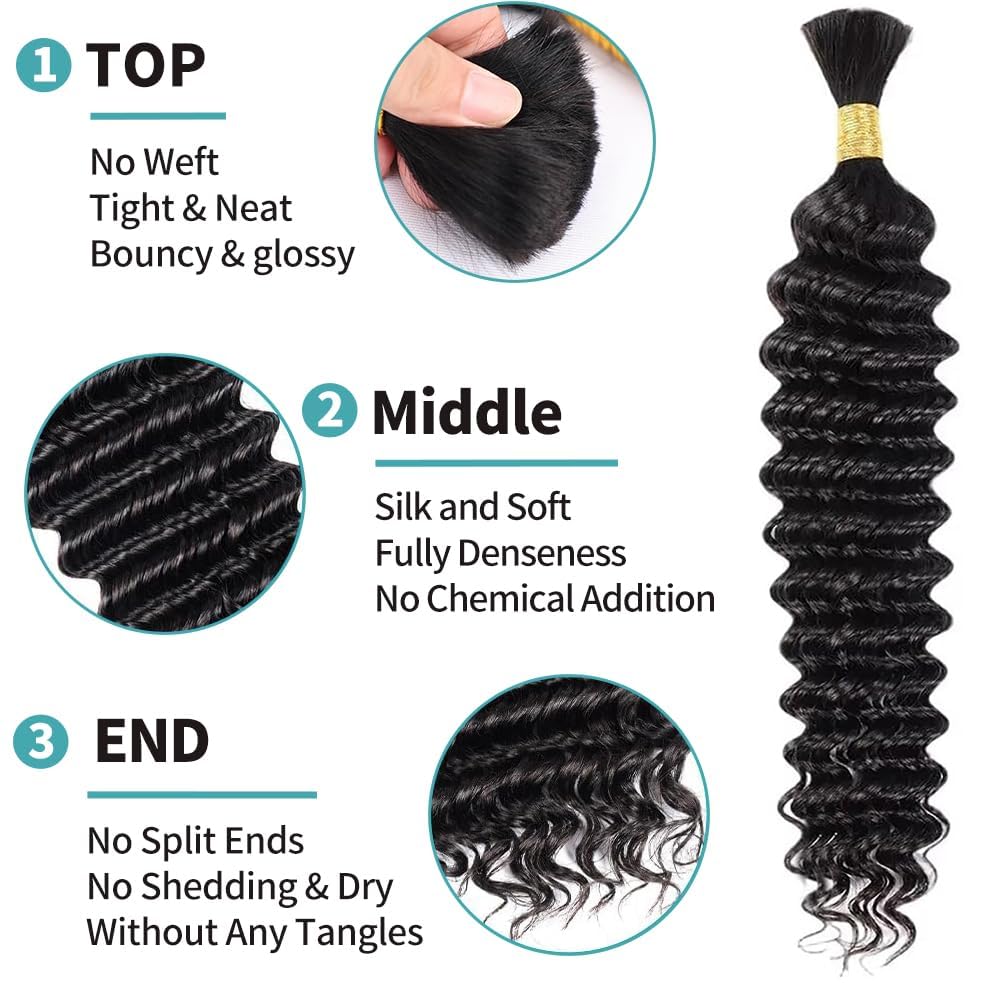 Human Braiding Hair Deep Wave Bulk Human Hair for Braiding 20Inch No Weft 90g 2 Bundles 100% Brazilian Virgin Human Hair Extensions Curly Boho Hair Wet and Wavy Human Hair Natural Black