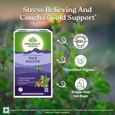 A TATA Product - Organic India Tulsi Mulethi - 25 Tea Bags, Rich in Antioxidants, Eases Cough & Cold Symptoms, Stress Re