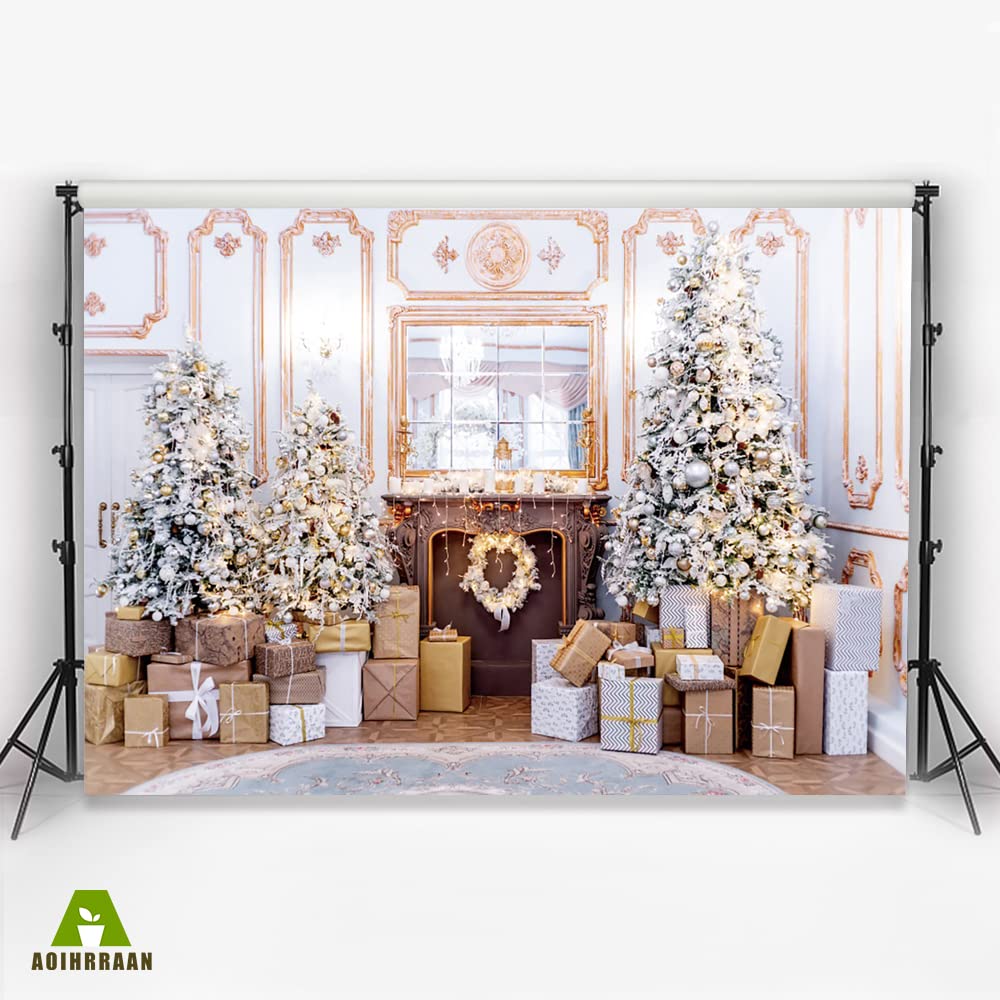 Aoihrraan 3x2,5m Navidad Sala Estar Telón De Fondo Chimenea Árbol Navidad Brillantina Guirnalda Oro Regalos Blanco Retro Muralla Europea Fotografía Familia Niñas Niños Retrato Estudio Fotográfico