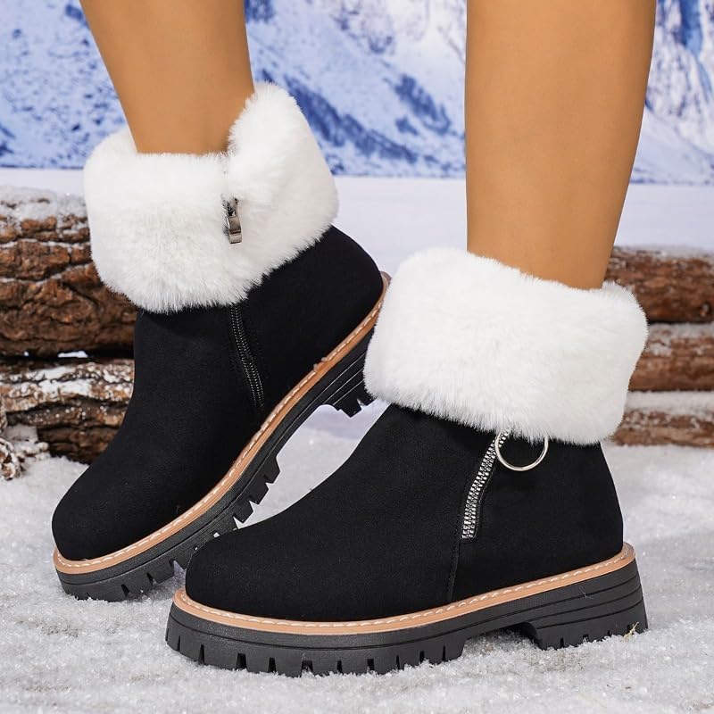 Women's Faux Fur Snow Boots - Round Toe Suede Warm Fur Lined Platform Flat Comfort Outdoor Winter Boots Fashion Plush Lined Ankle Boots Platform Zipper Short Booties