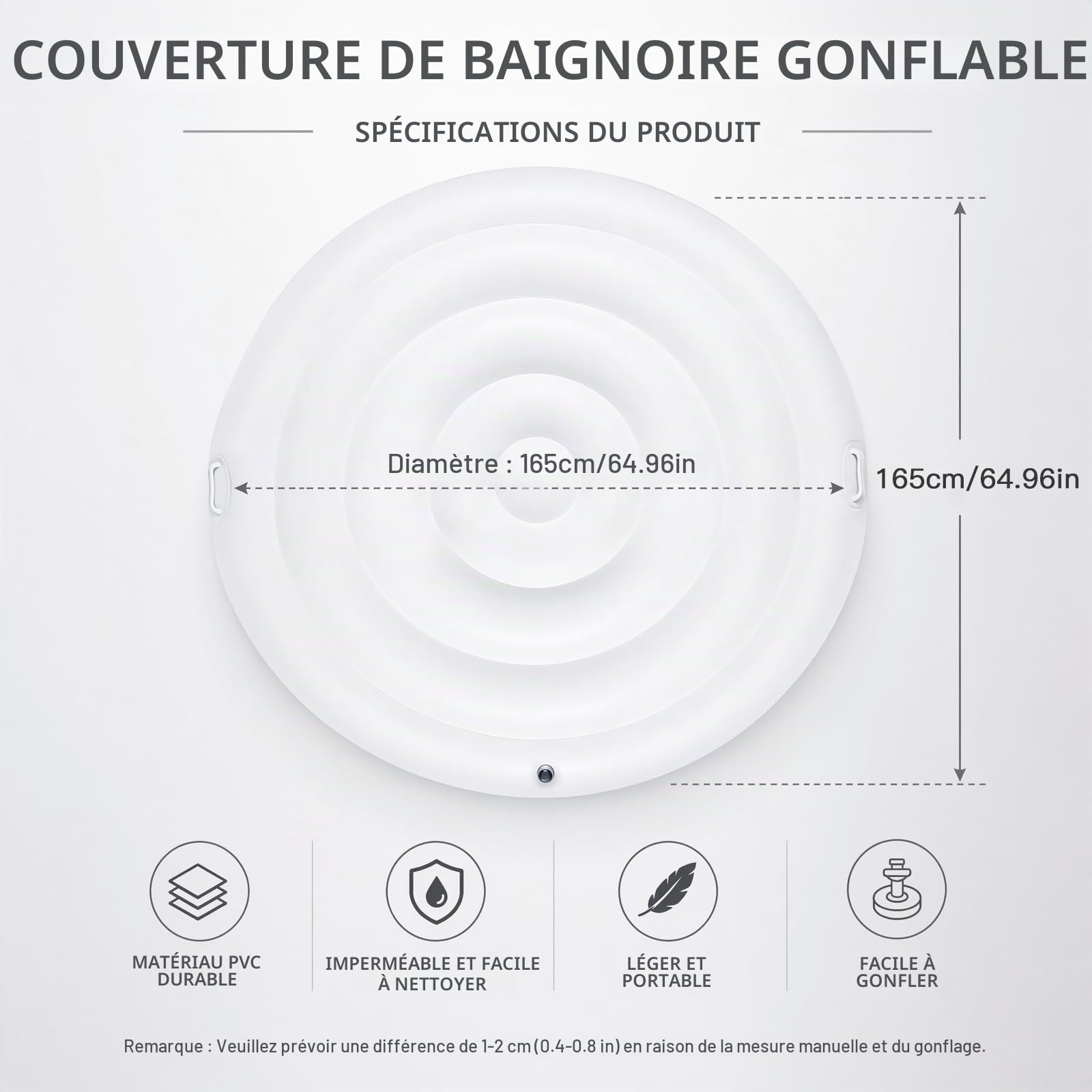 Couverture Thermique pour Bains à remous Ronde et Gonflable avec poignées, Couvercle de Spa Gonflable, Couvercle de Bain à Remous de qualité supérieure et économe en énergie (Blanc, 165CM)