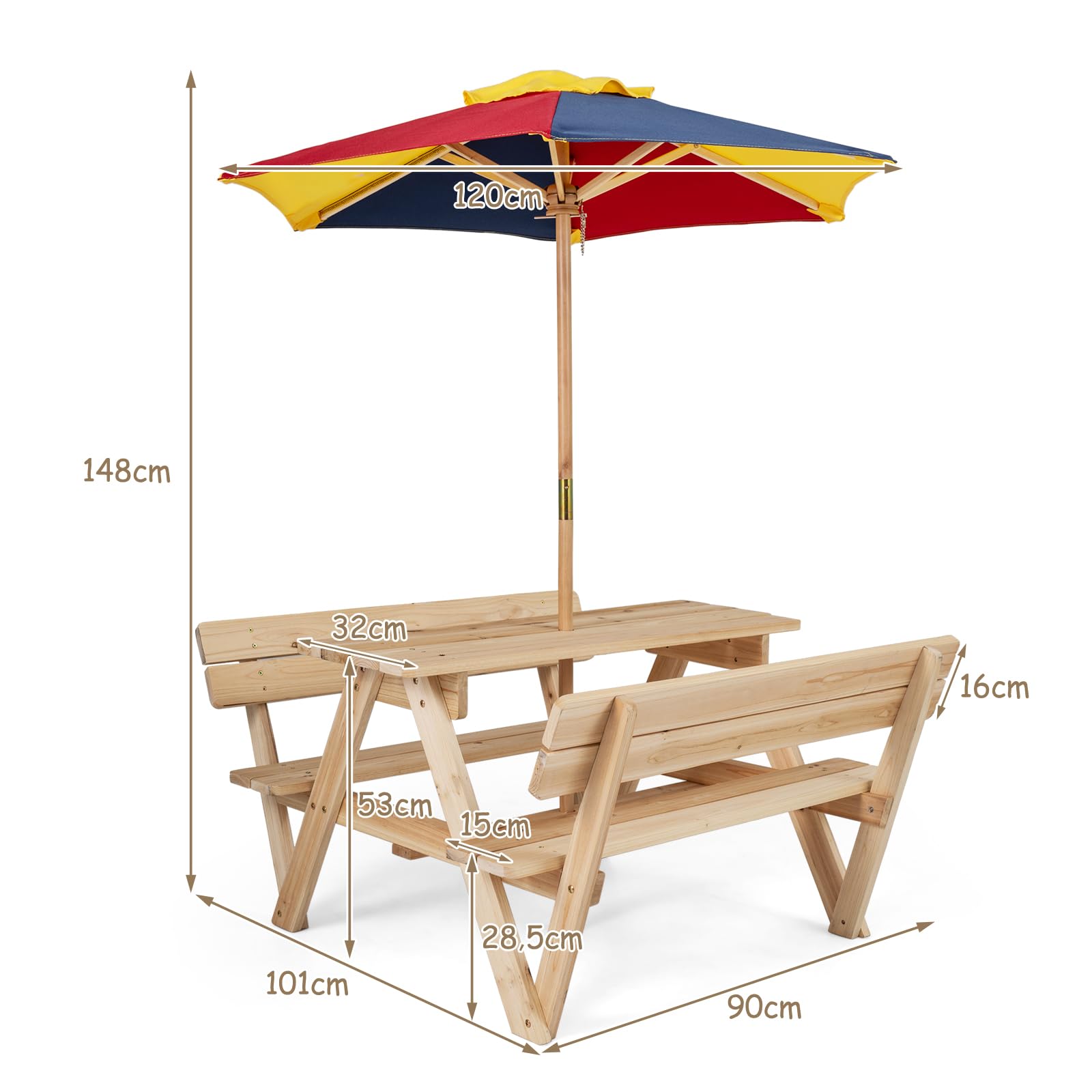 LIFEZEAL Set da Giardino per Bambini in Legno di Abete | Tavolo e Panche da Giardino con Ombrellone Rimovibile e Regolabile, Panche con Schienale, per Cortile, Portico, Patio