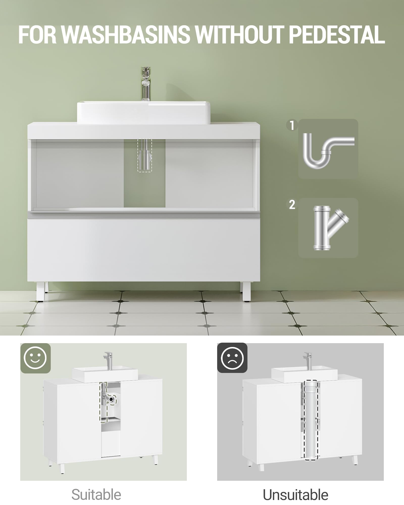 Hzuaneri Mueble Bajo Lavabo, Armario de Baño, 3 Cajones, 2 Puertas, con Pies, 30 x 80 x 64 cm, Estilo Moderno, Blanco BC36903X