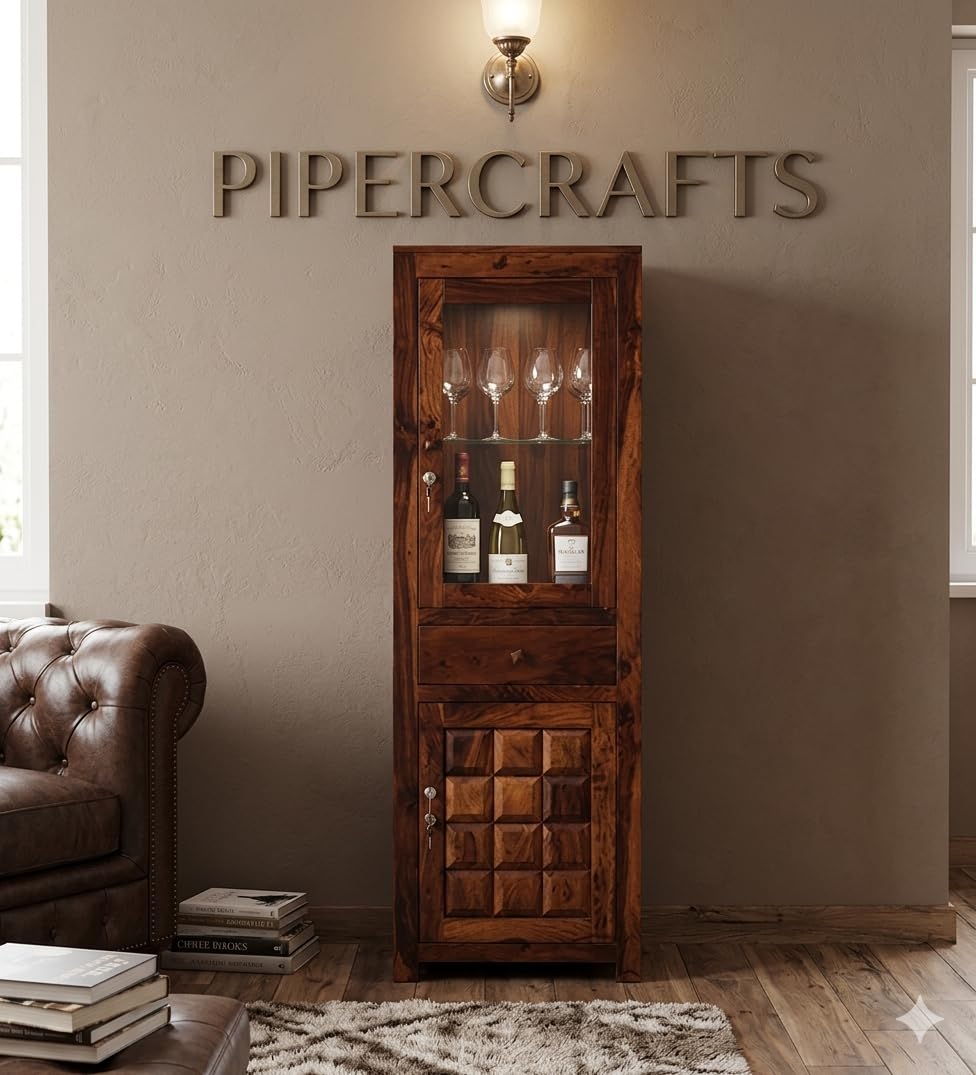 PIPERCRAFTS Wooden Bar Cabinet Sheesham Wood/Rose Wood Furniture Home Bar Liquor Wine Rack Natural Finish (Design 4)-picture-35